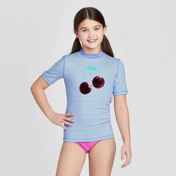 Girls  Flip Sequin Cherry Rashguard Swim Shirt Separate Small 6/6X - Picture 1 of 2